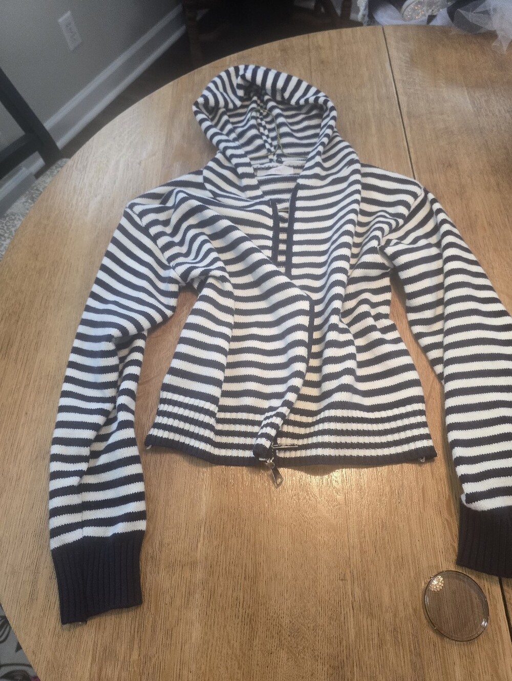 Melloday Striped Full Zip Knit Hoodie Navy Blue White Cropped Sweater Medium M